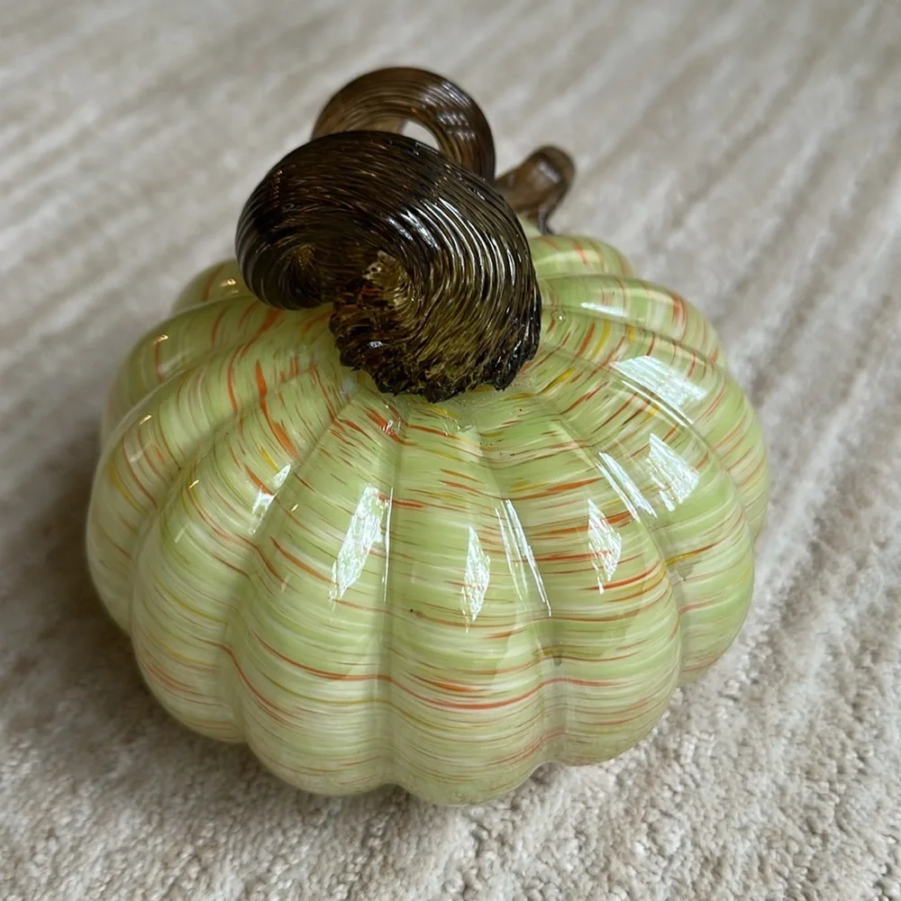 Hand Blown Art Glass Pumpkin Green Orange Flecks Twisted Reeded Clear Stem 5”x4”